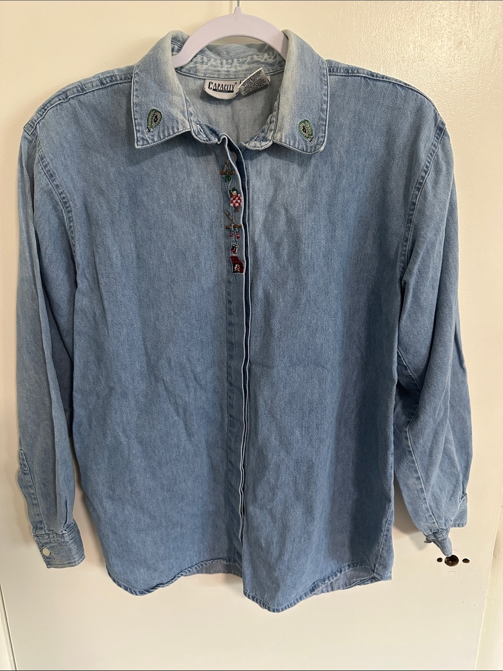 Capacity Petites Light Blue Denim Button-Down Shirt with Winter Embroidery M
